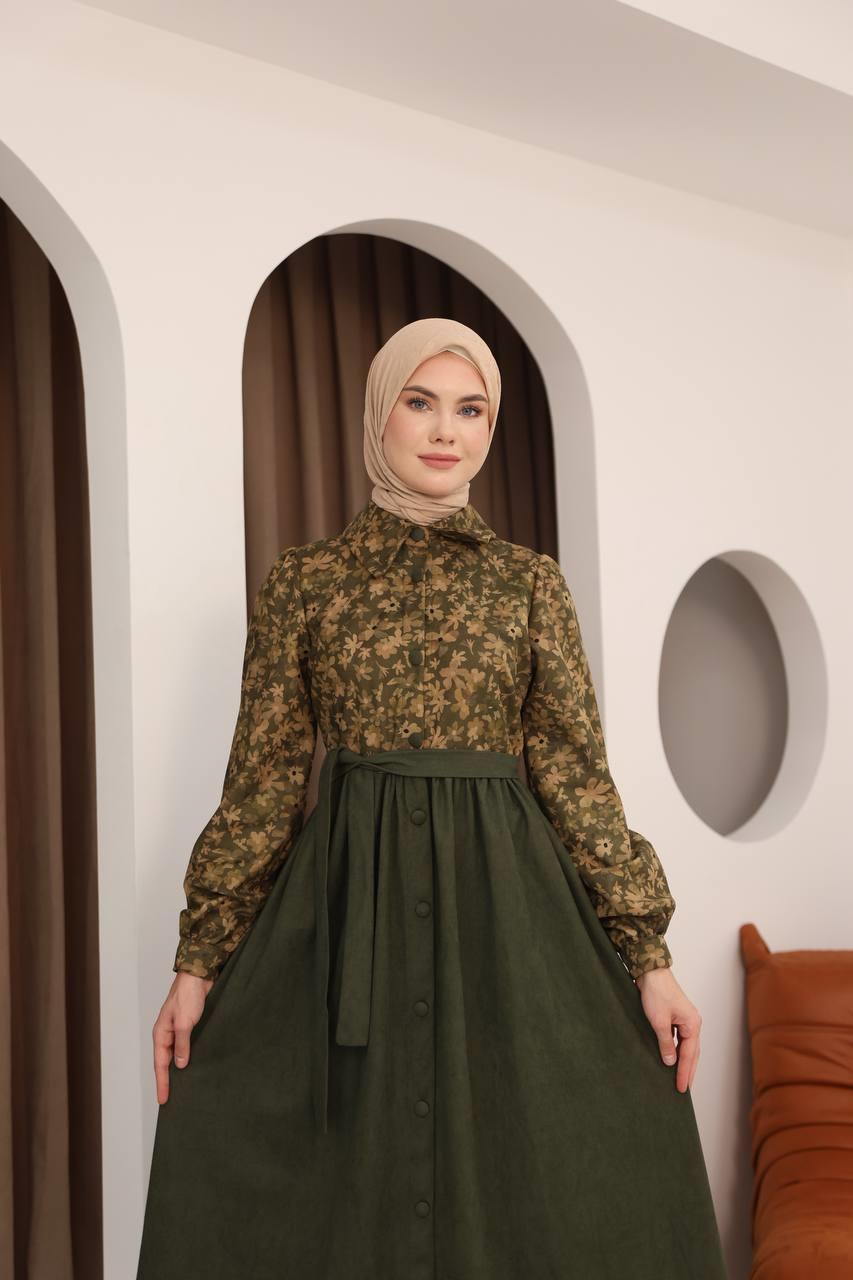 7076 Çiçek Desenli Elbise - Haki