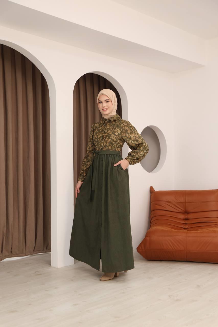 7076 Çiçek Desenli Elbise - Haki
