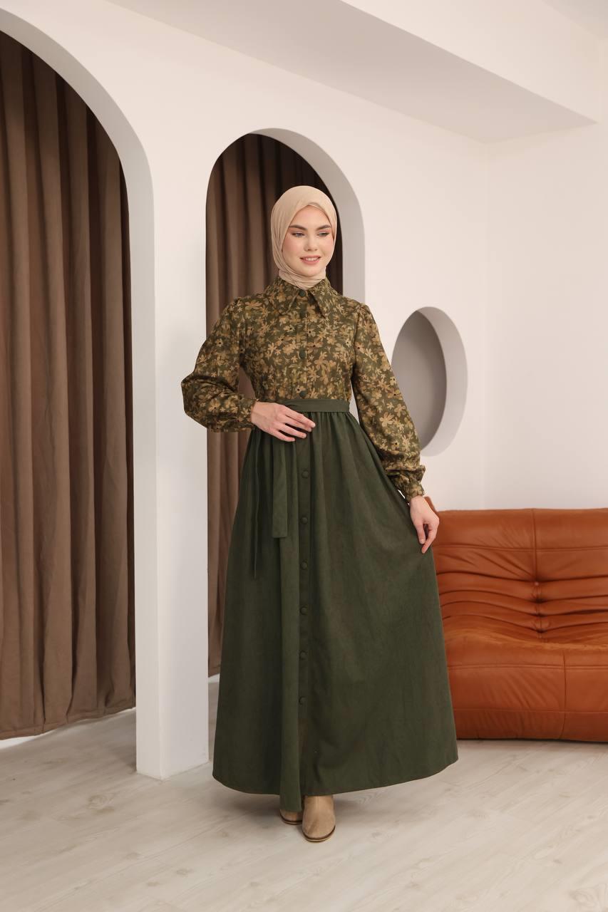 7076 Çiçek Desenli Elbise - Haki