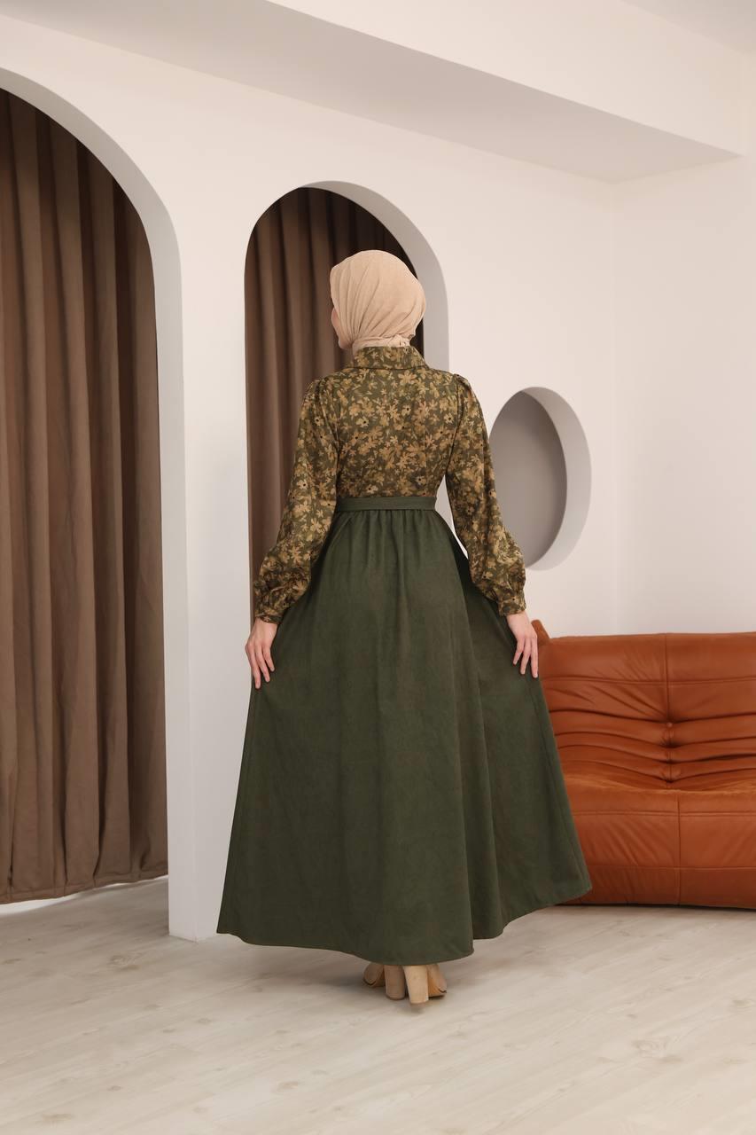 7076 Çiçek Desenli Elbise - Haki