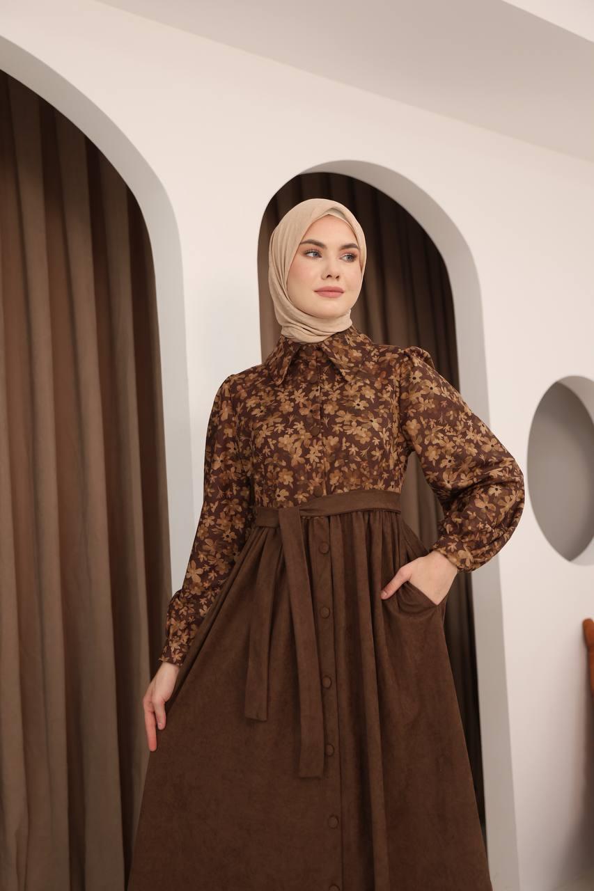 7076 Çiçek Desenli Elbise - Kahverengi