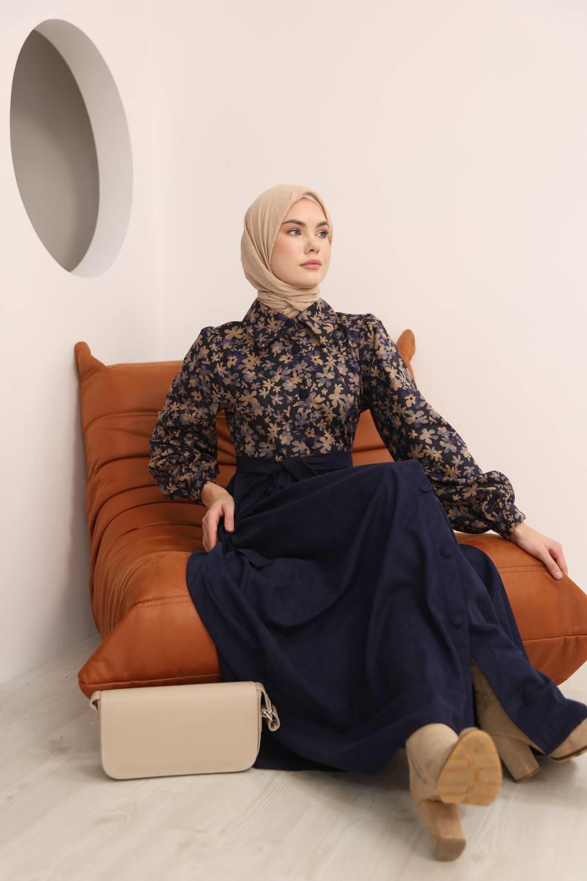 7076 Çiçek Desenli Elbise - Lacivert
