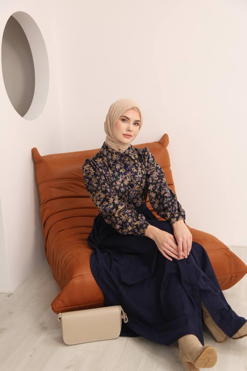 7076 Çiçek Desenli Elbise - Lacivert