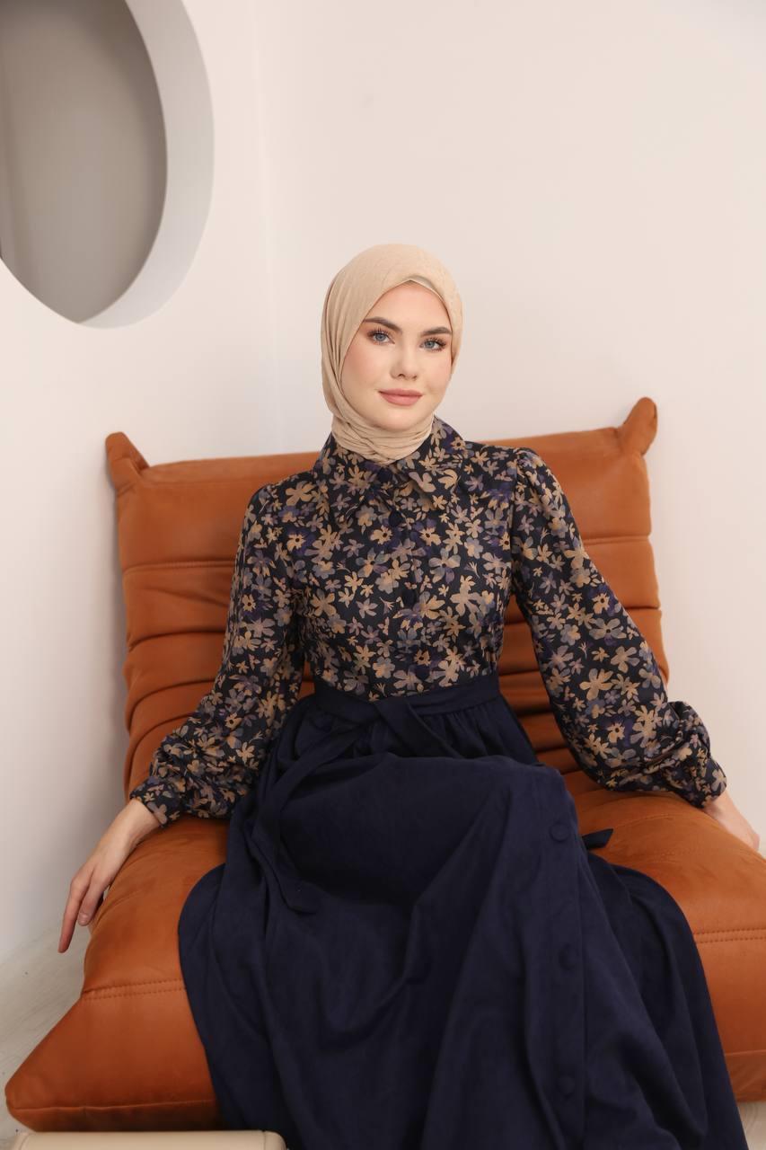 7076 Çiçek Desenli Elbise - Lacivert