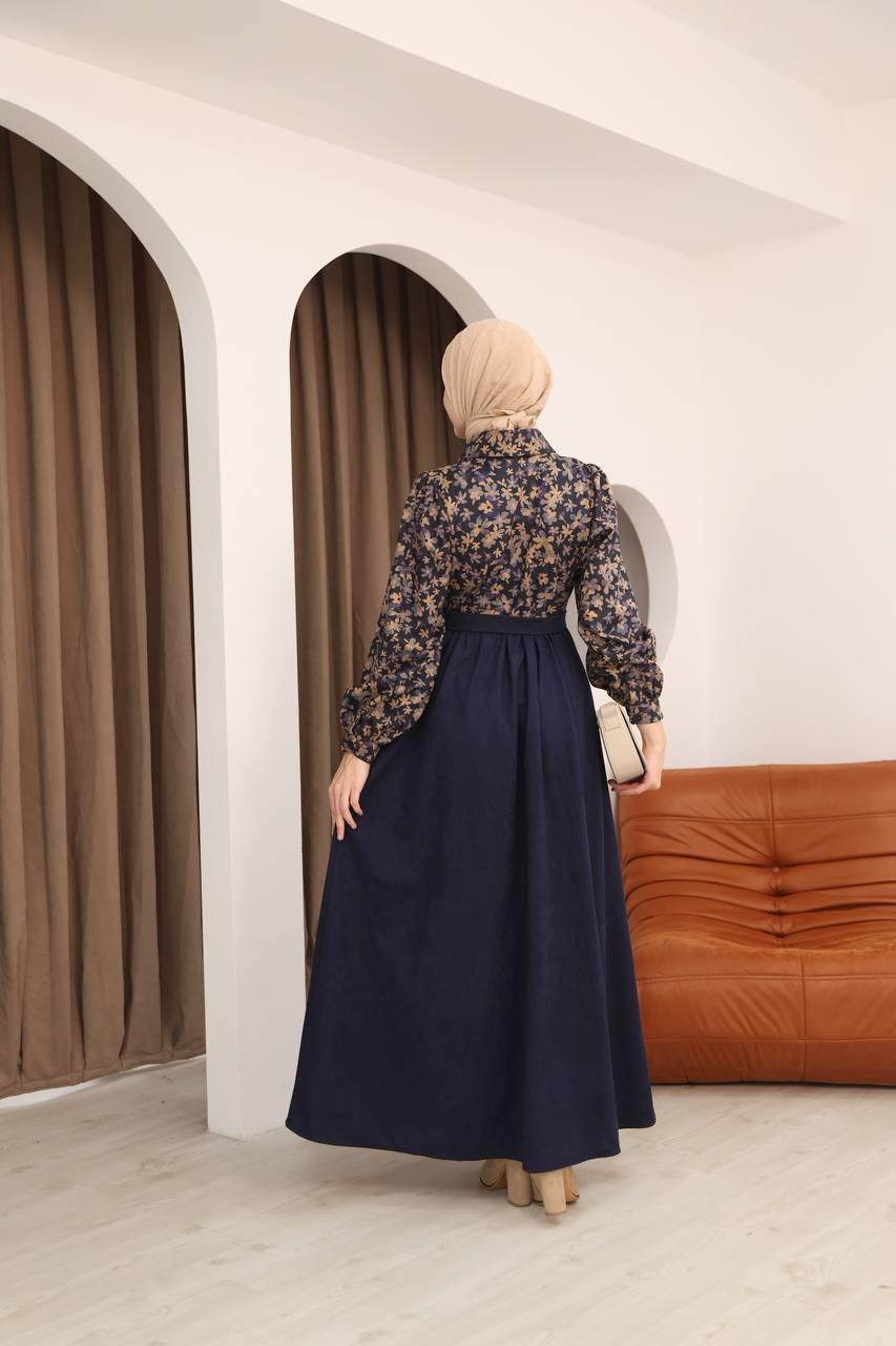 7076 Çiçek Desenli Elbise - Lacivert