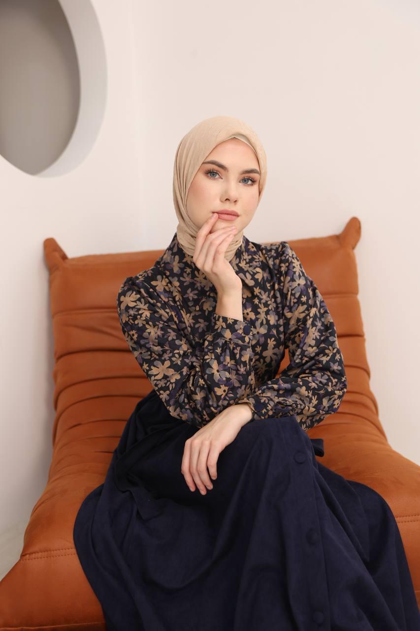 7076 Çiçek Desenli Elbise - Lacivert