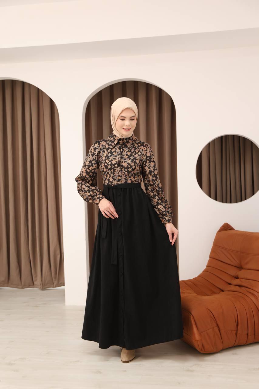 7076 Çiçek Desenli Elbise - Siyah