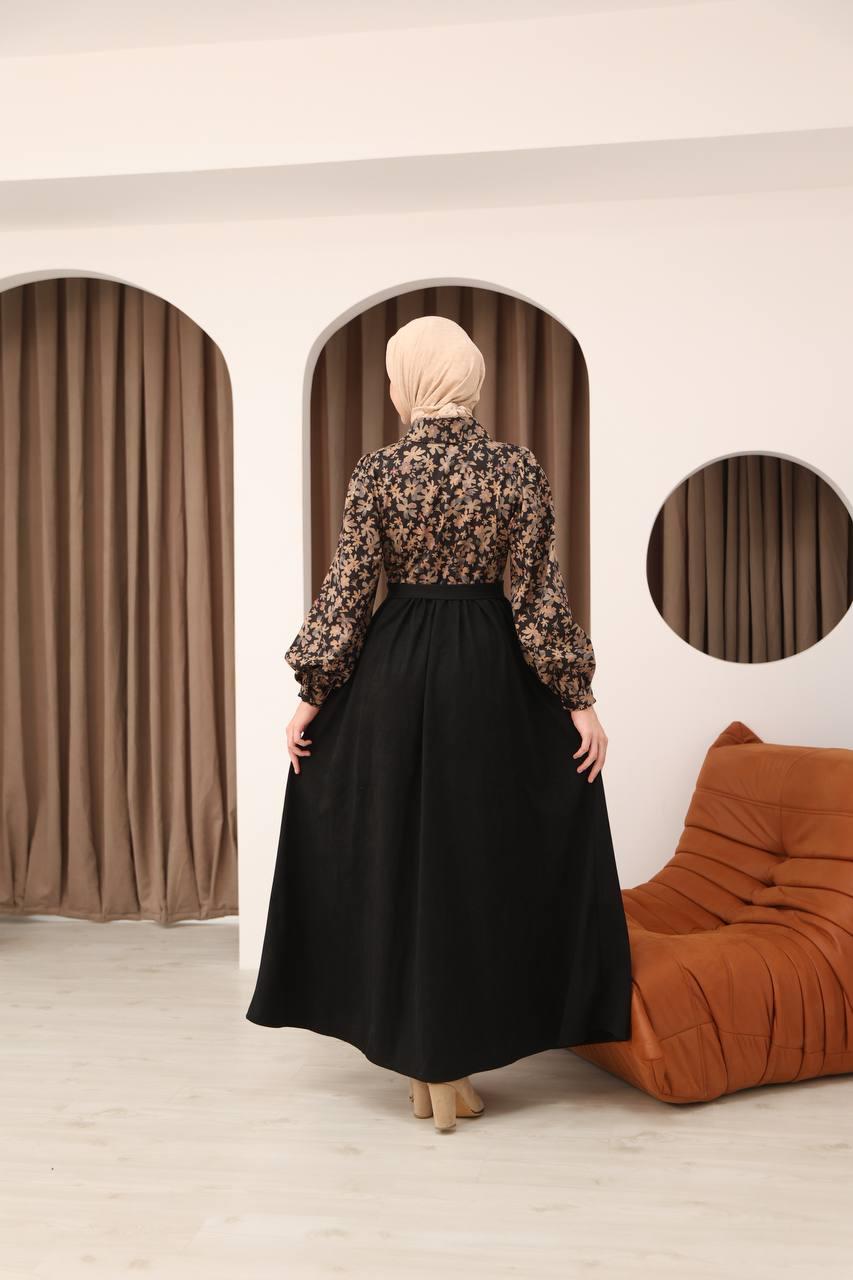 7076 Çiçek Desenli Elbise - Siyah