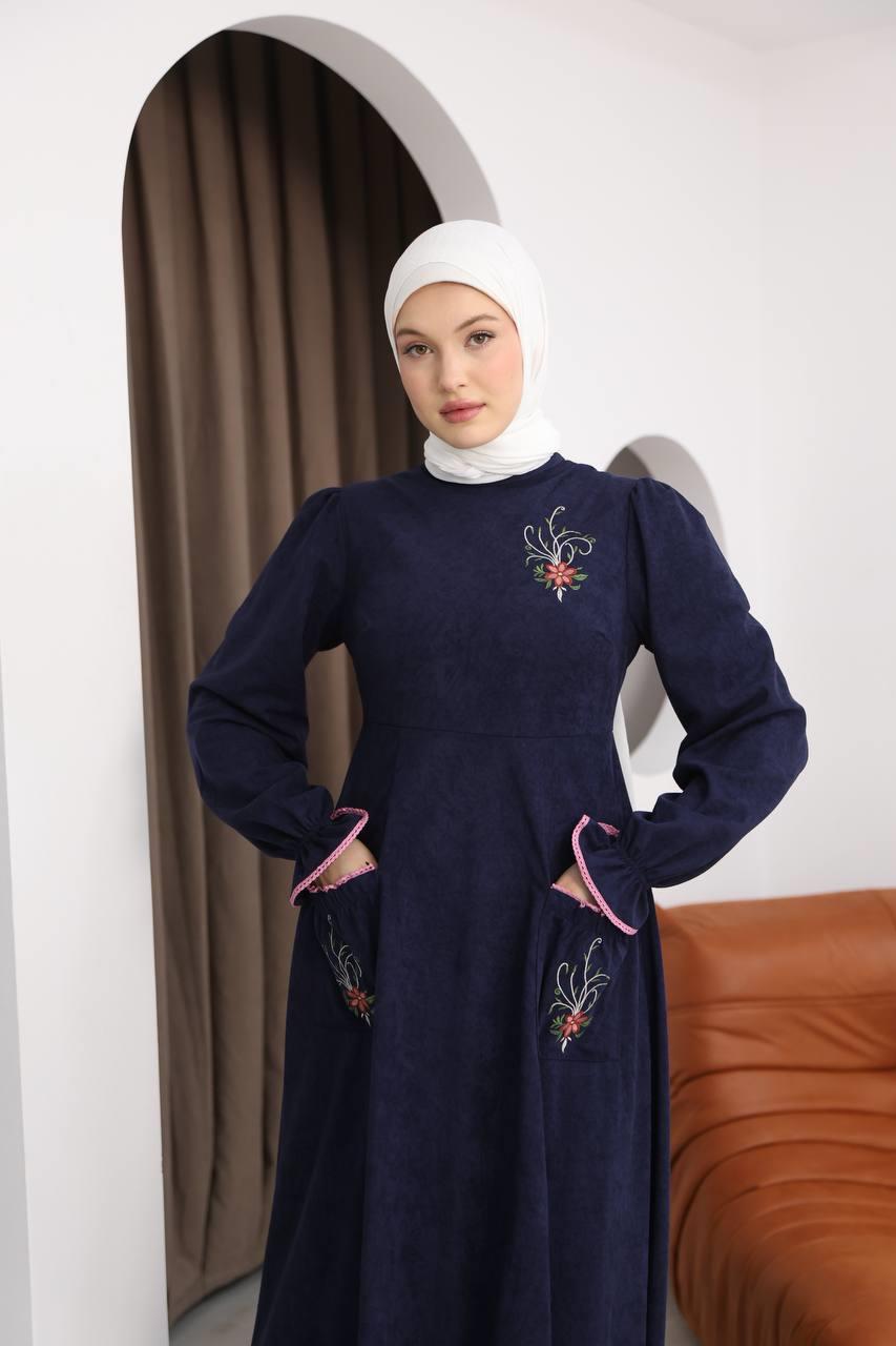 7077 Çiçek Nakışlı Elbise - Lacivert