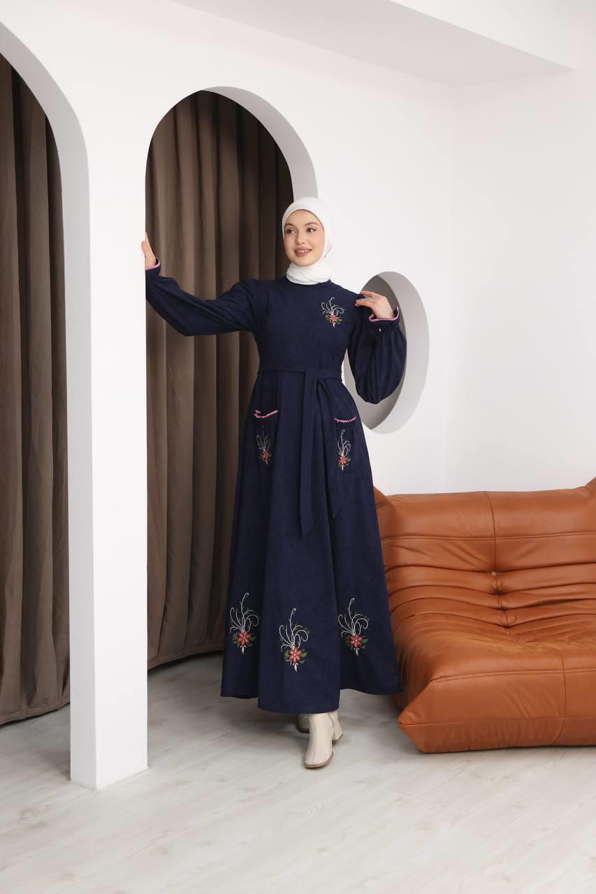 7077 Çiçek Nakışlı Elbise - Lacivert