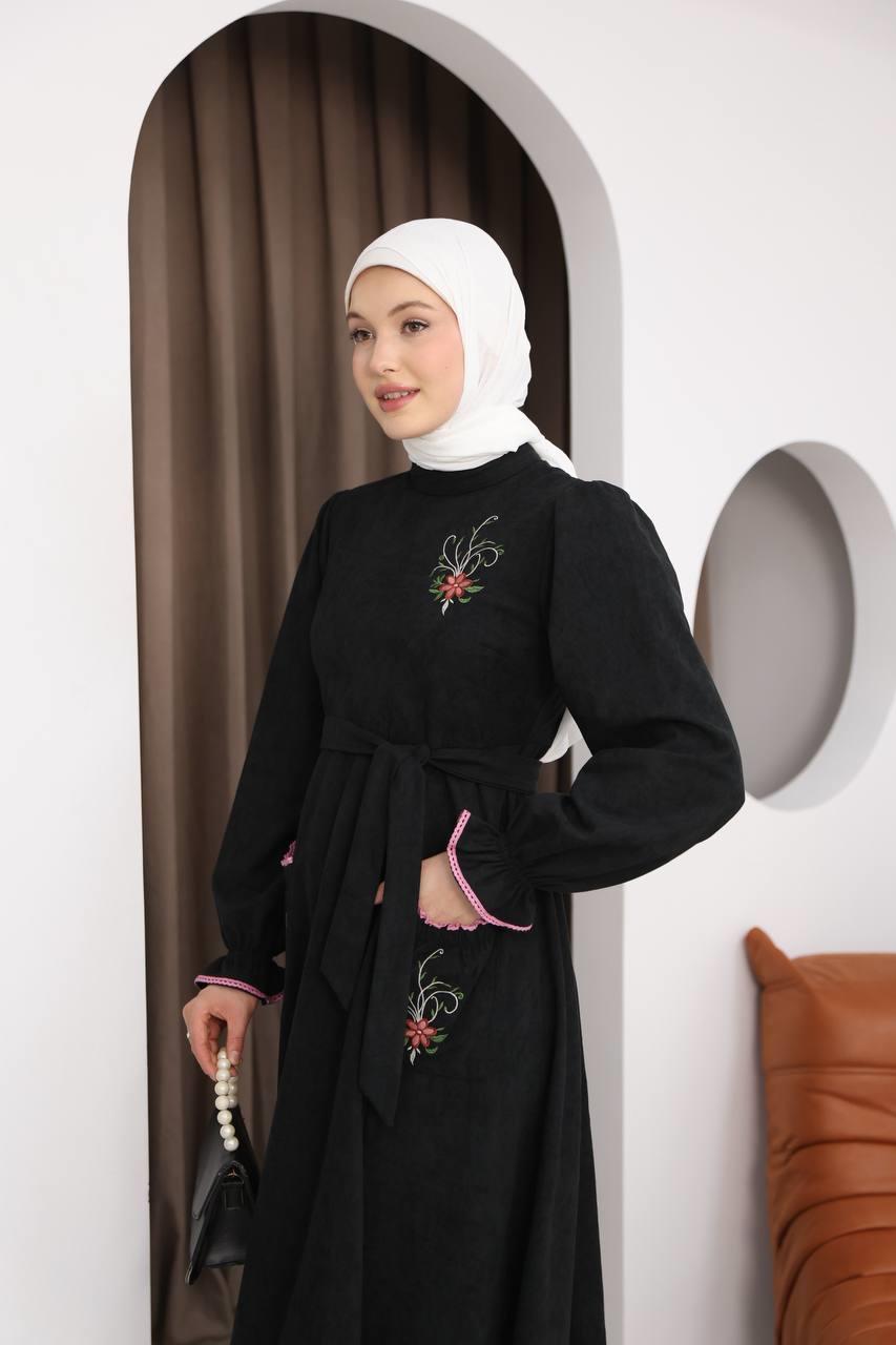 7077 Çiçek Nakışlı Elbise - Siyah