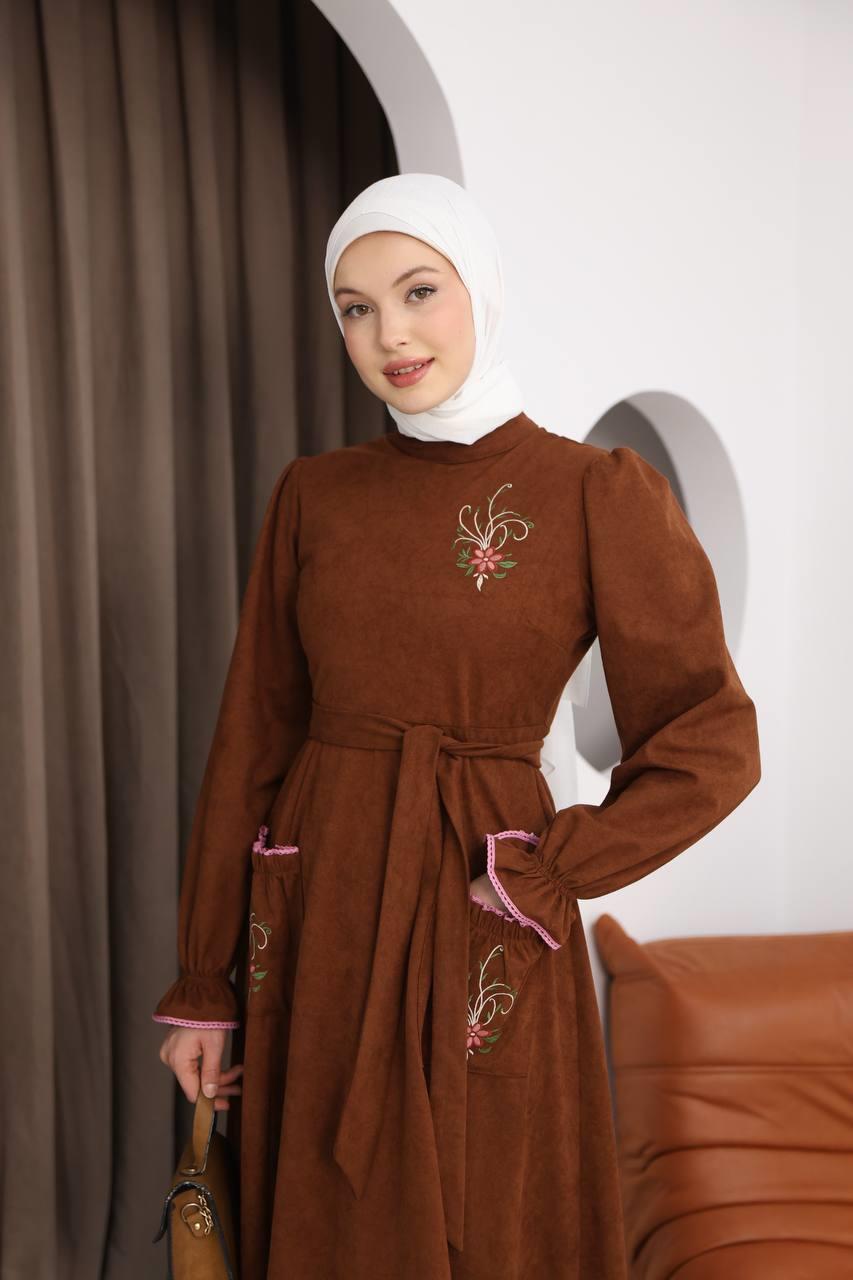 7077 Çiçek Nakışlı Elbise - Taba