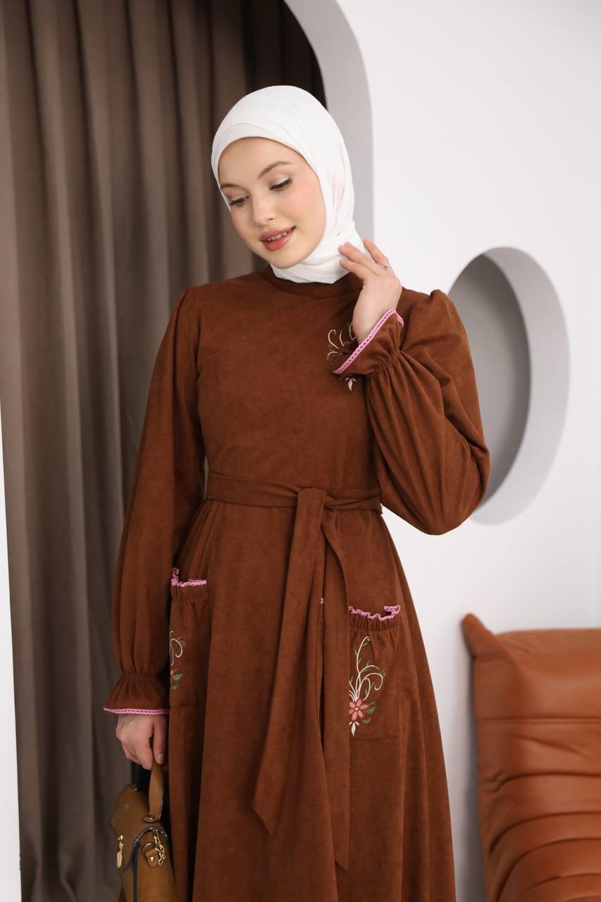 7077 Çiçek Nakışlı Elbise - Taba