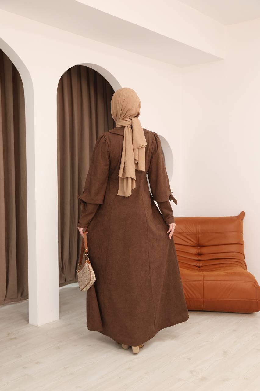 7078 Fiyonk Detaylı Elbise - Kahverengi