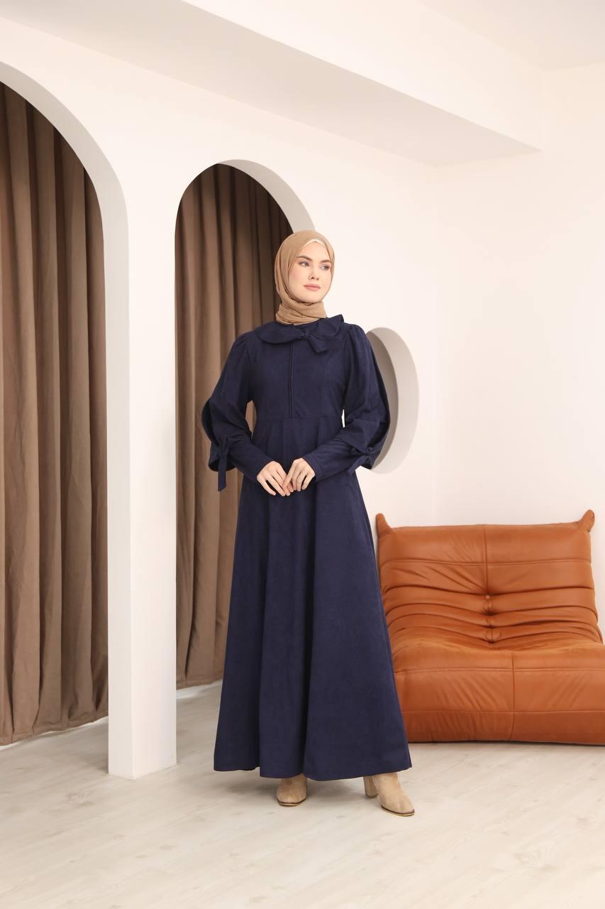 7078 Fiyonk Detaylı Elbise - Lacivert