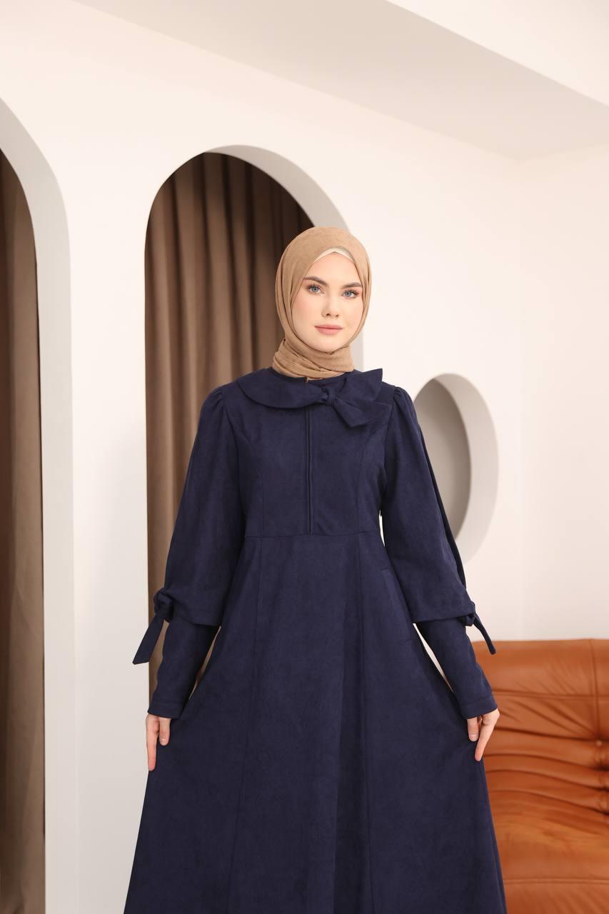 7078 Fiyonk Detaylı Elbise - Lacivert