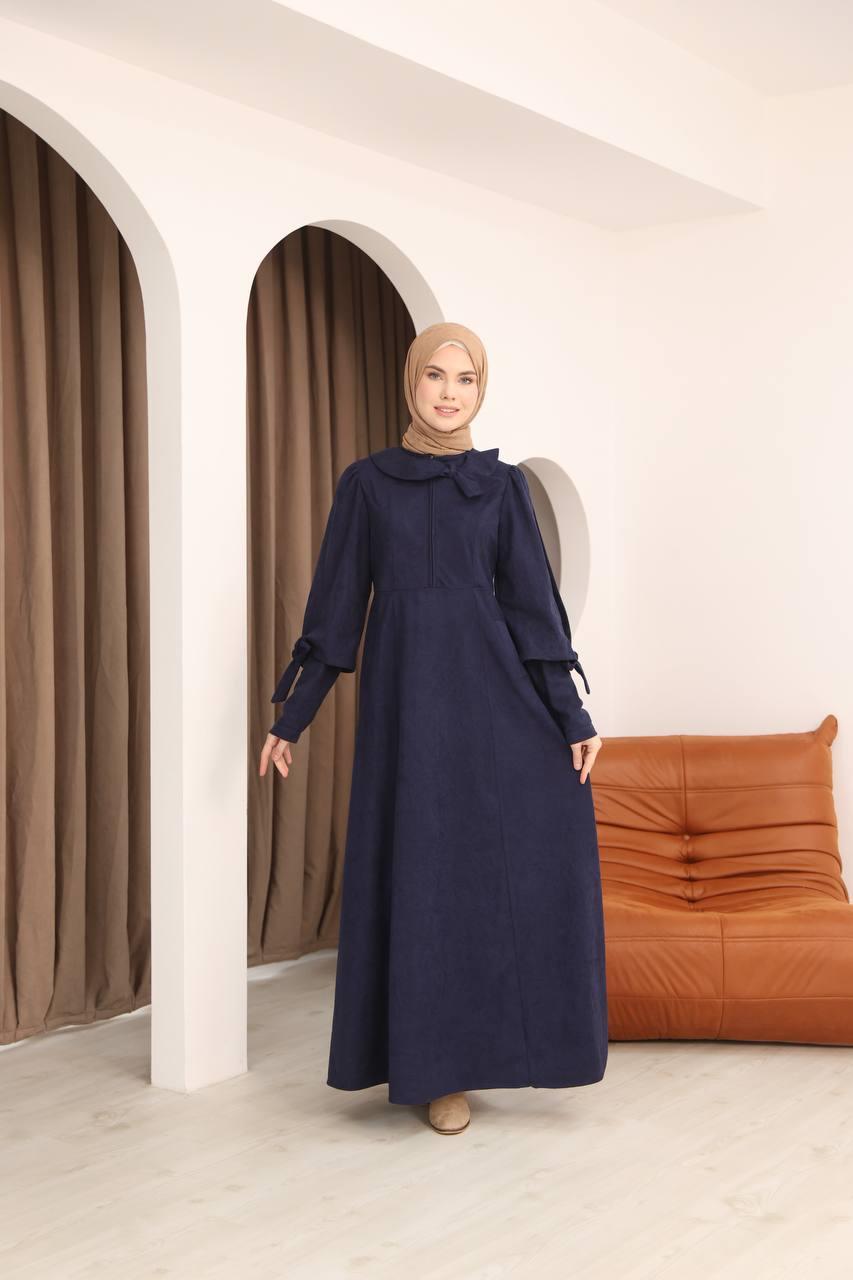 7078 Fiyonk Detaylı Elbise - Lacivert