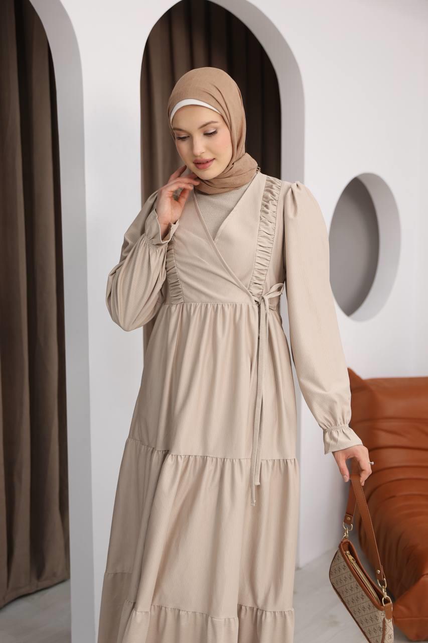 7080 Kruvaze Detaylı Elbise - Bej 