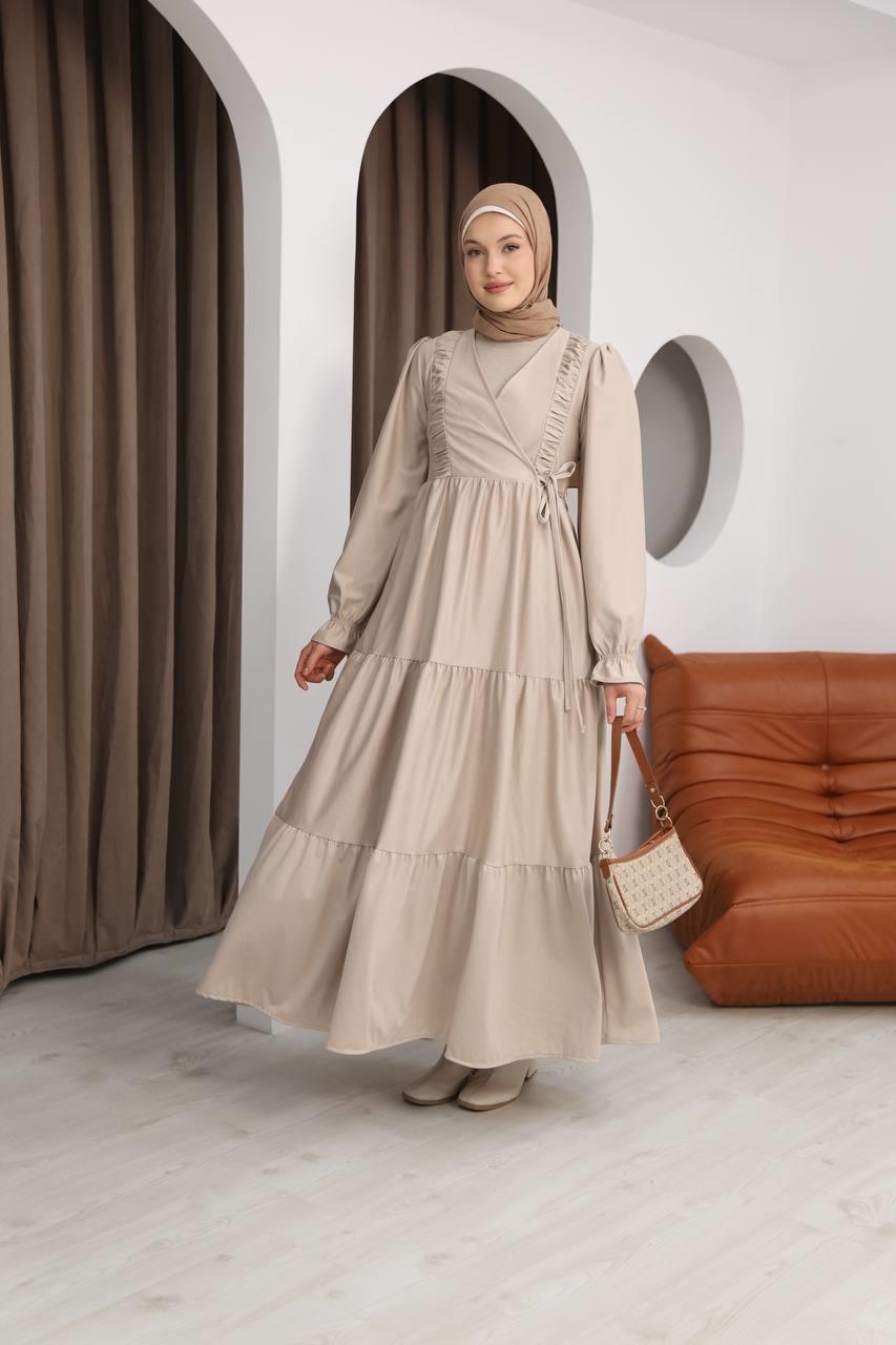 7080 Kruvaze Detaylı Elbise - Bej 