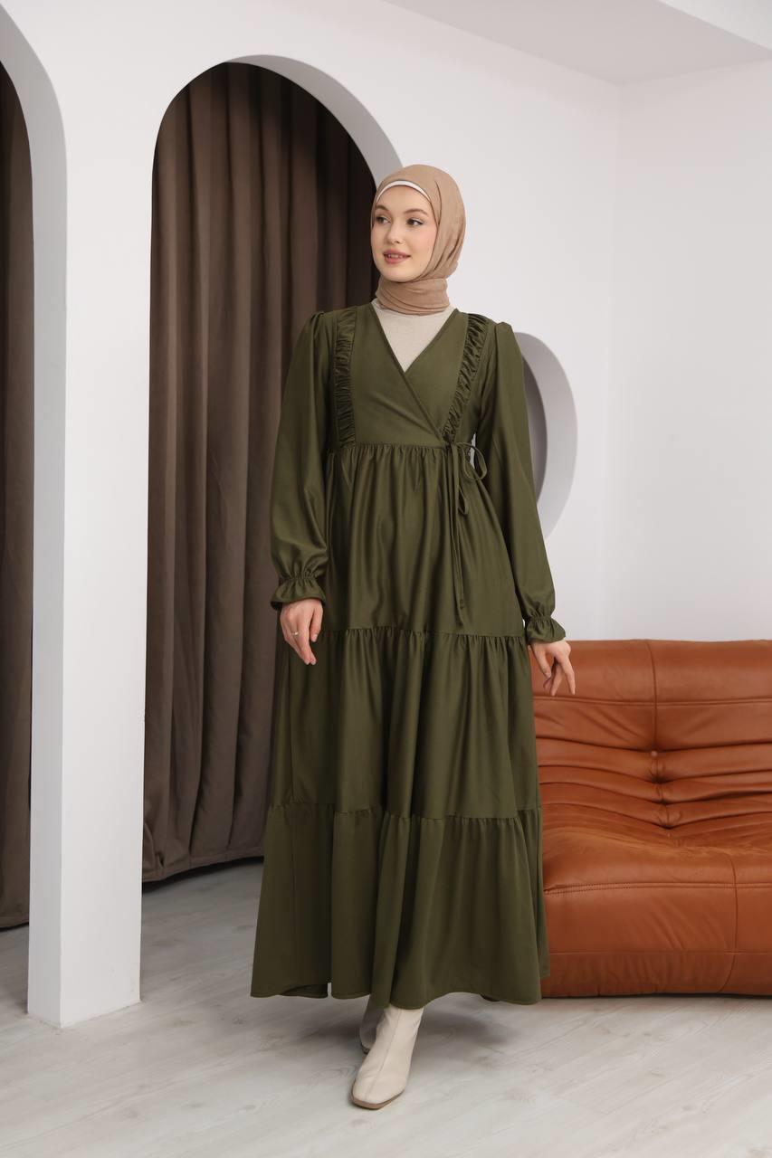 7080 Kruvaze Detaylı Elbise - Haki 