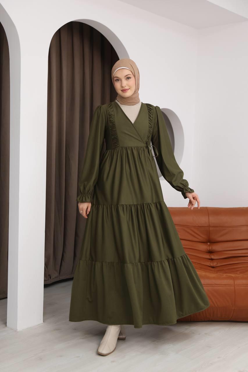 7080 Kruvaze Detaylı Elbise - Haki 