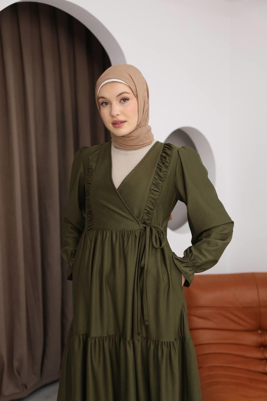 7080 Kruvaze Detaylı Elbise - Haki 