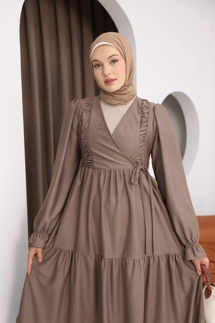 7080 Kruvaze Detaylı Elbise - Sütlü kahve 