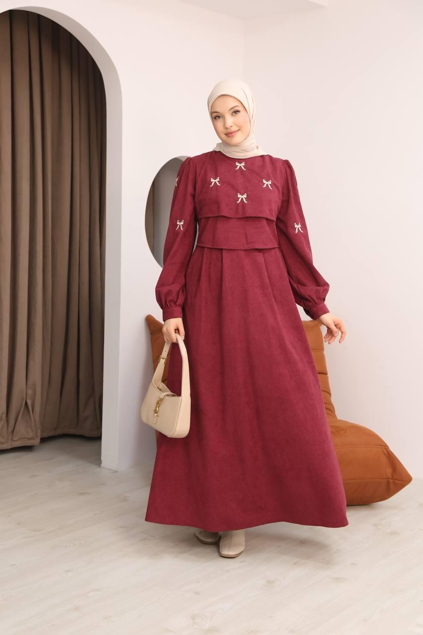 7082 Fiyonk İşlemeli Elbise - Bordo