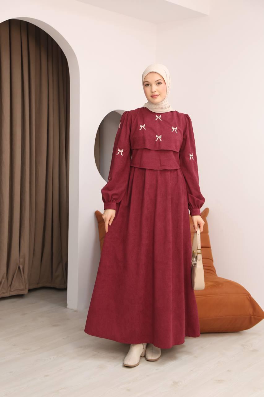7082 Fiyonk İşlemeli Elbise - Bordo