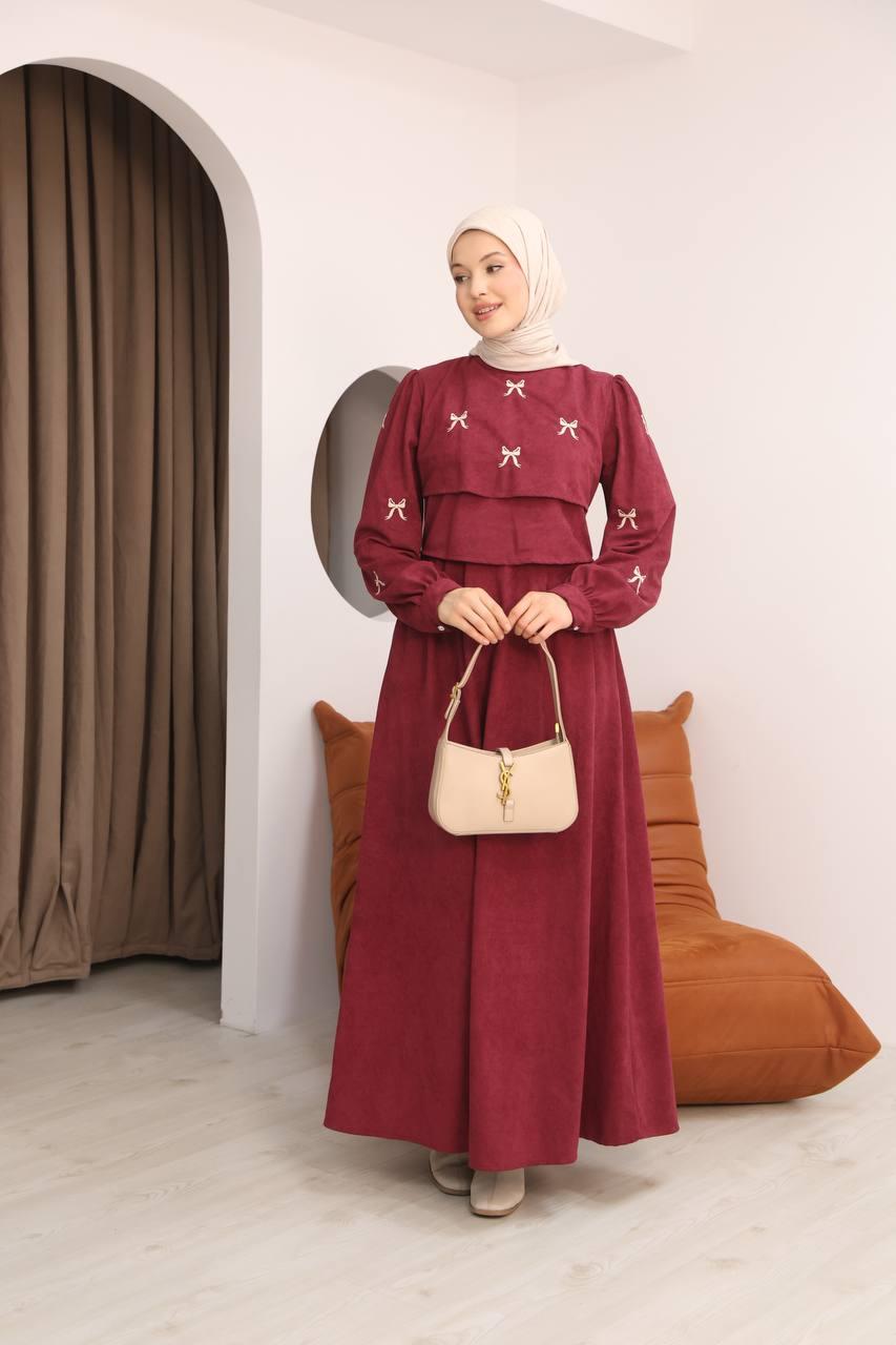 7082 Fiyonk İşlemeli Elbise - Bordo