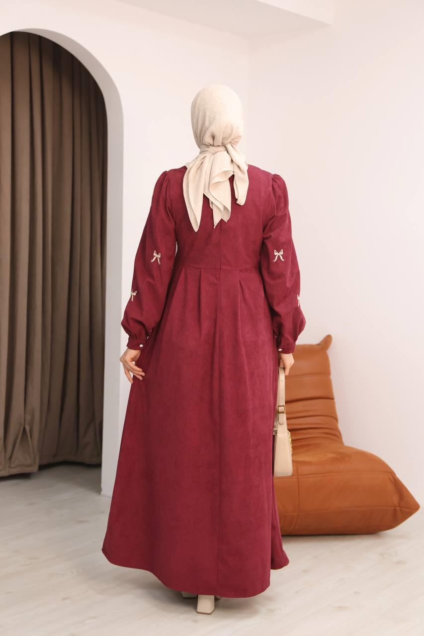 7082 Fiyonk İşlemeli Elbise - Bordo