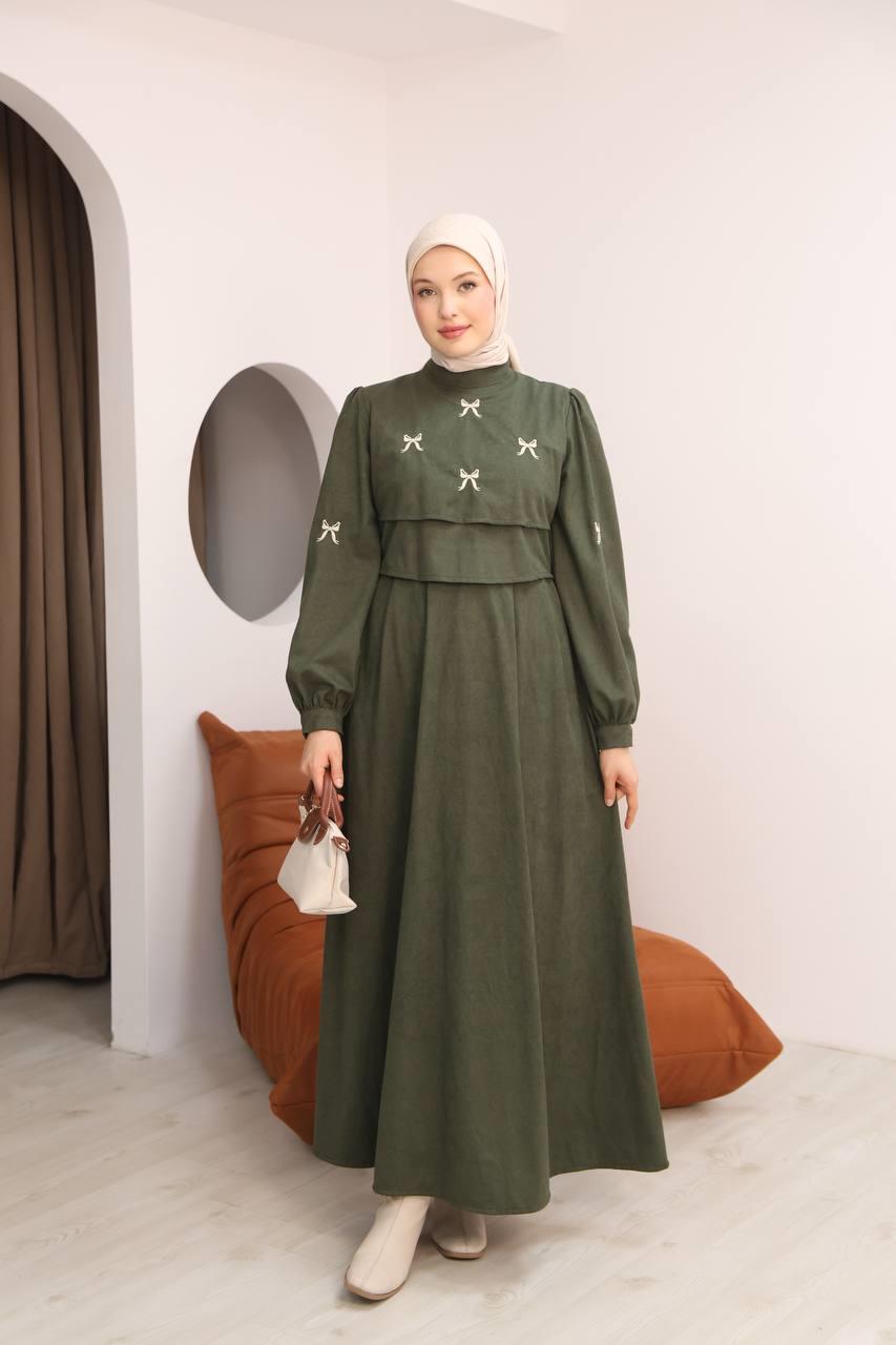 7082 Fiyonk İşlemeli Elbise - Haki