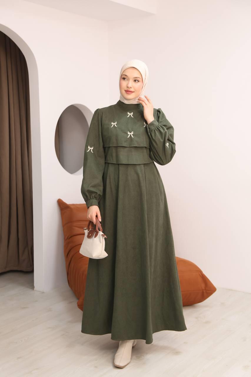 7082 Fiyonk İşlemeli Elbise - Haki