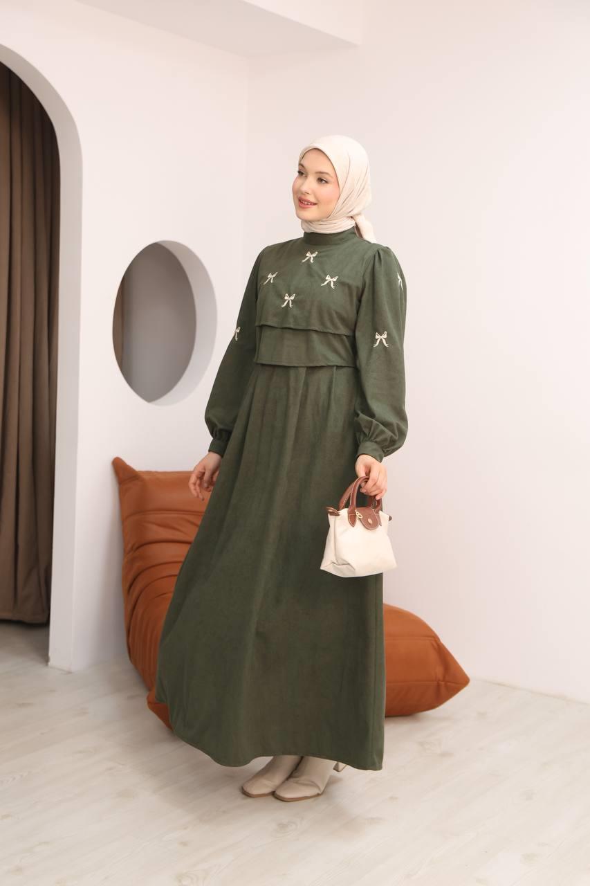 7082 Fiyonk İşlemeli Elbise - Haki