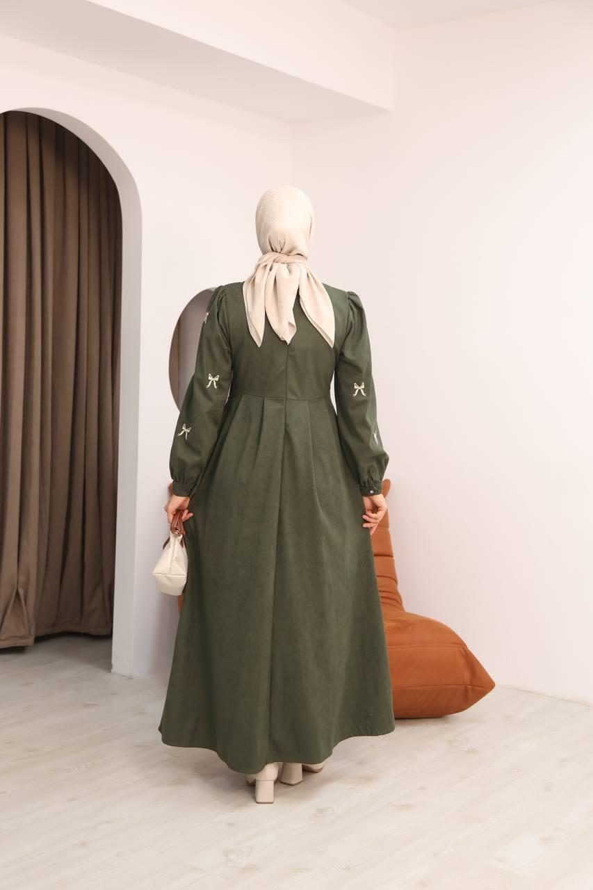 7082 Fiyonk İşlemeli Elbise - Haki