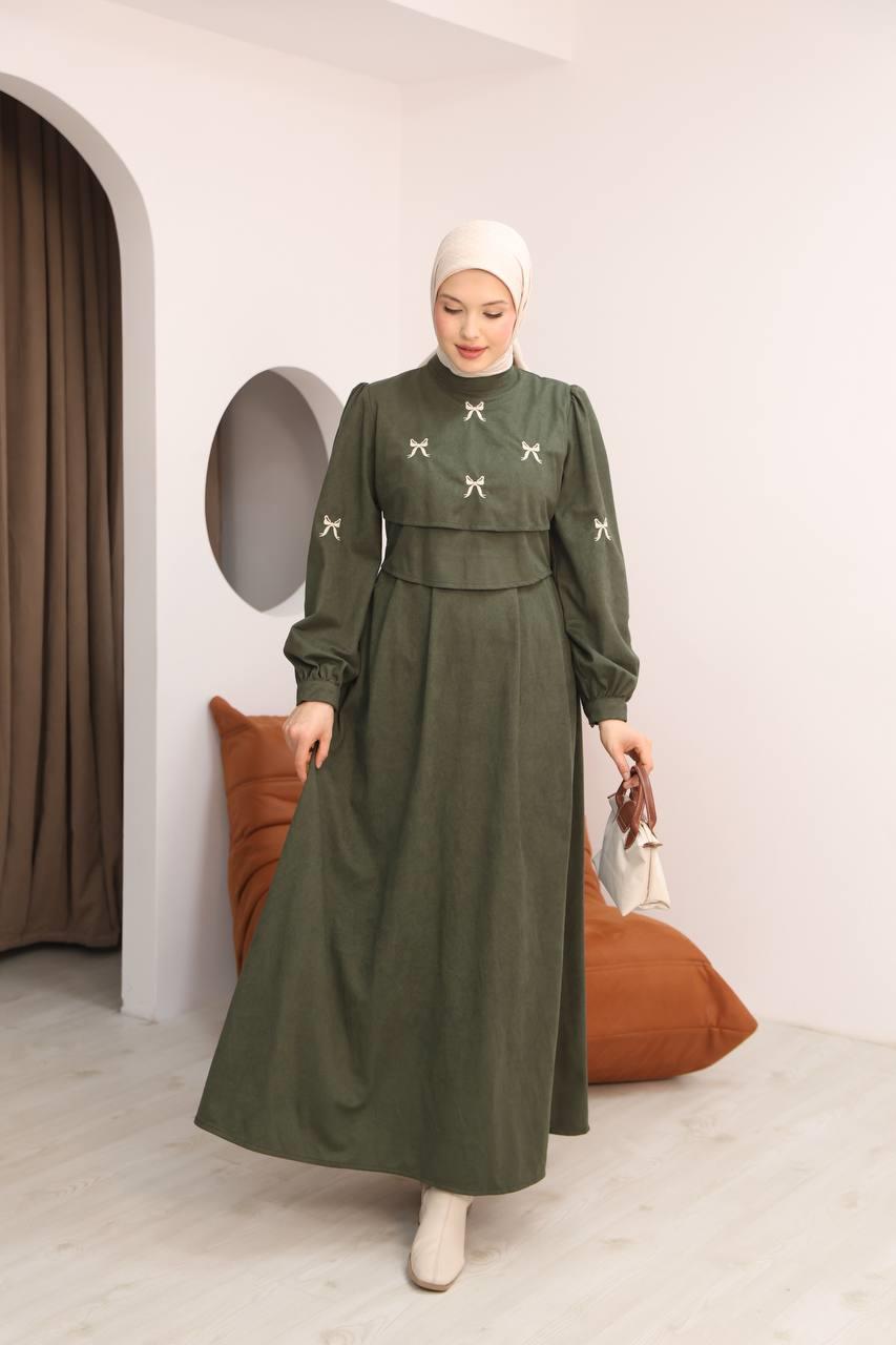 7082 Fiyonk İşlemeli Elbise - Haki