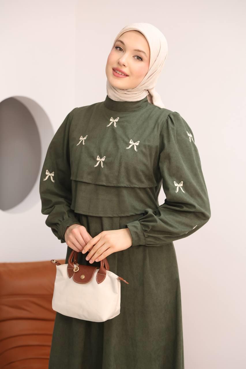 7082 Fiyonk İşlemeli Elbise - Haki