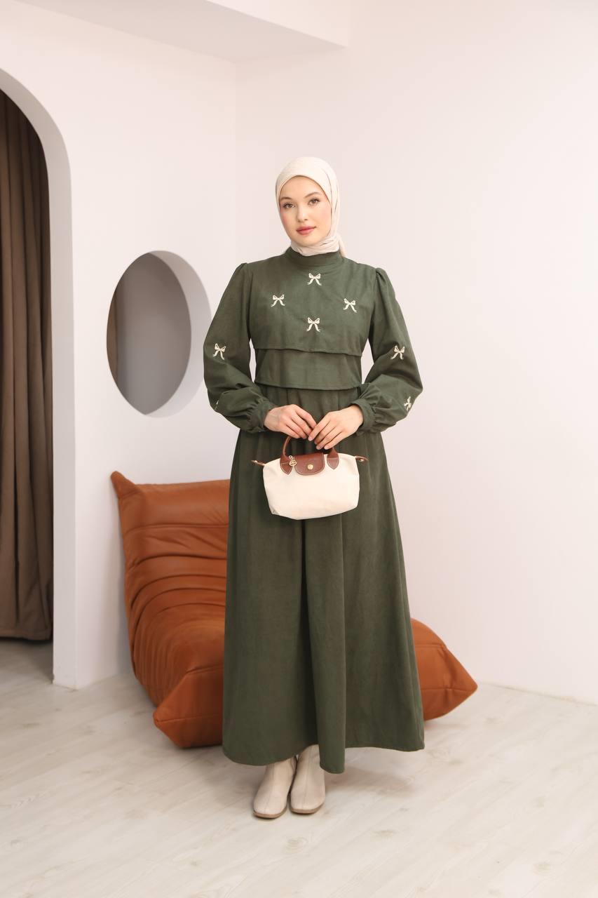 7082 Fiyonk İşlemeli Elbise - Haki