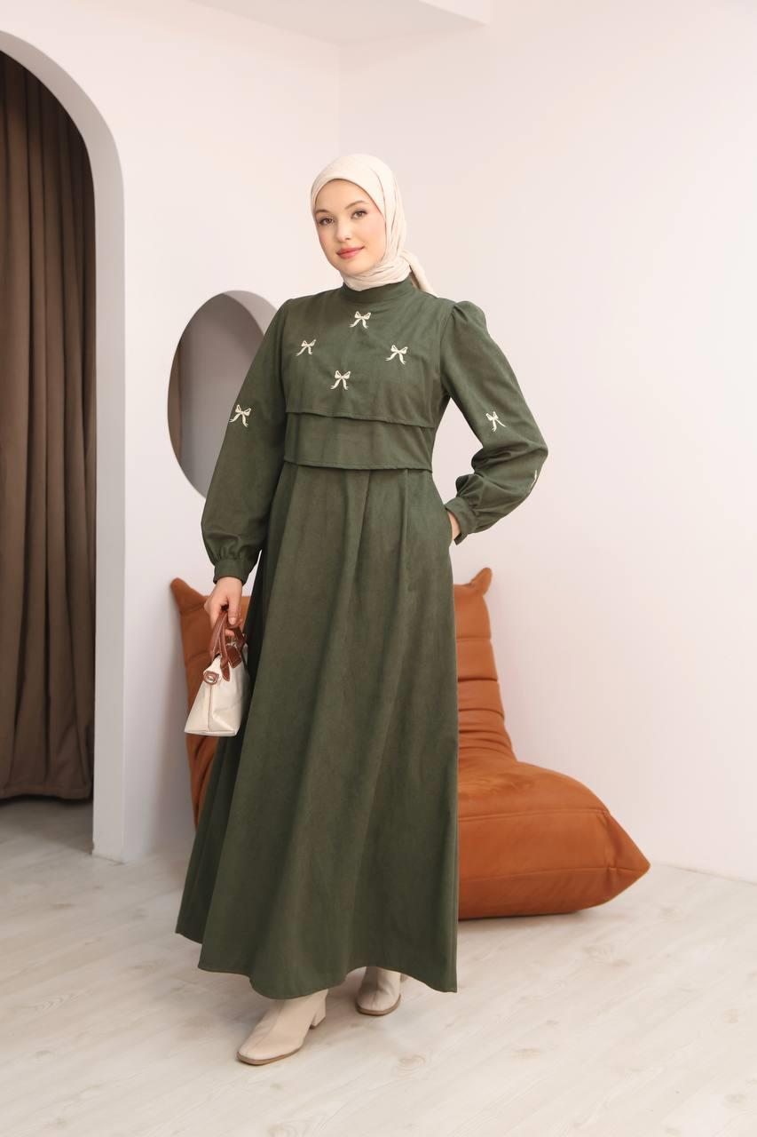 7082 Fiyonk İşlemeli Elbise - Haki