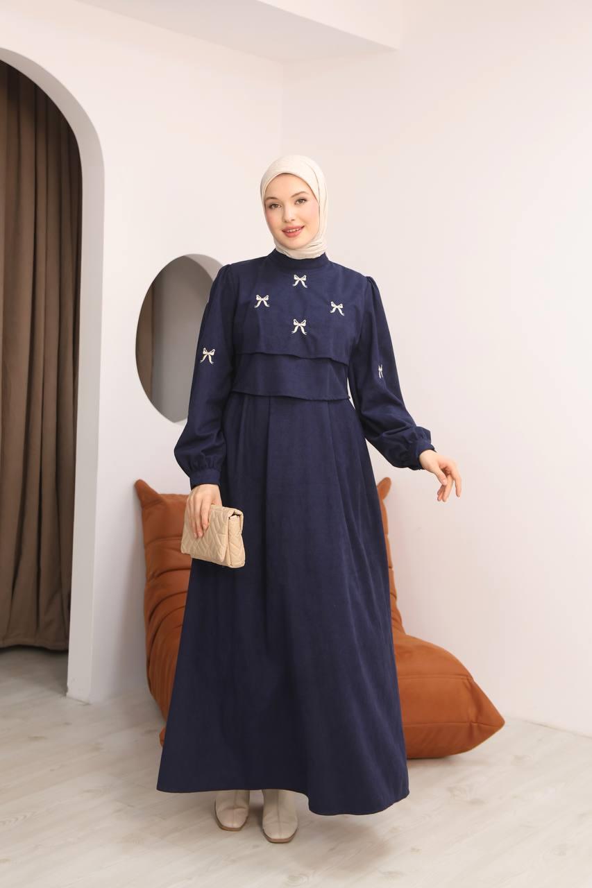 7082 Fiyonk İşlemeli Elbise - Lacivert