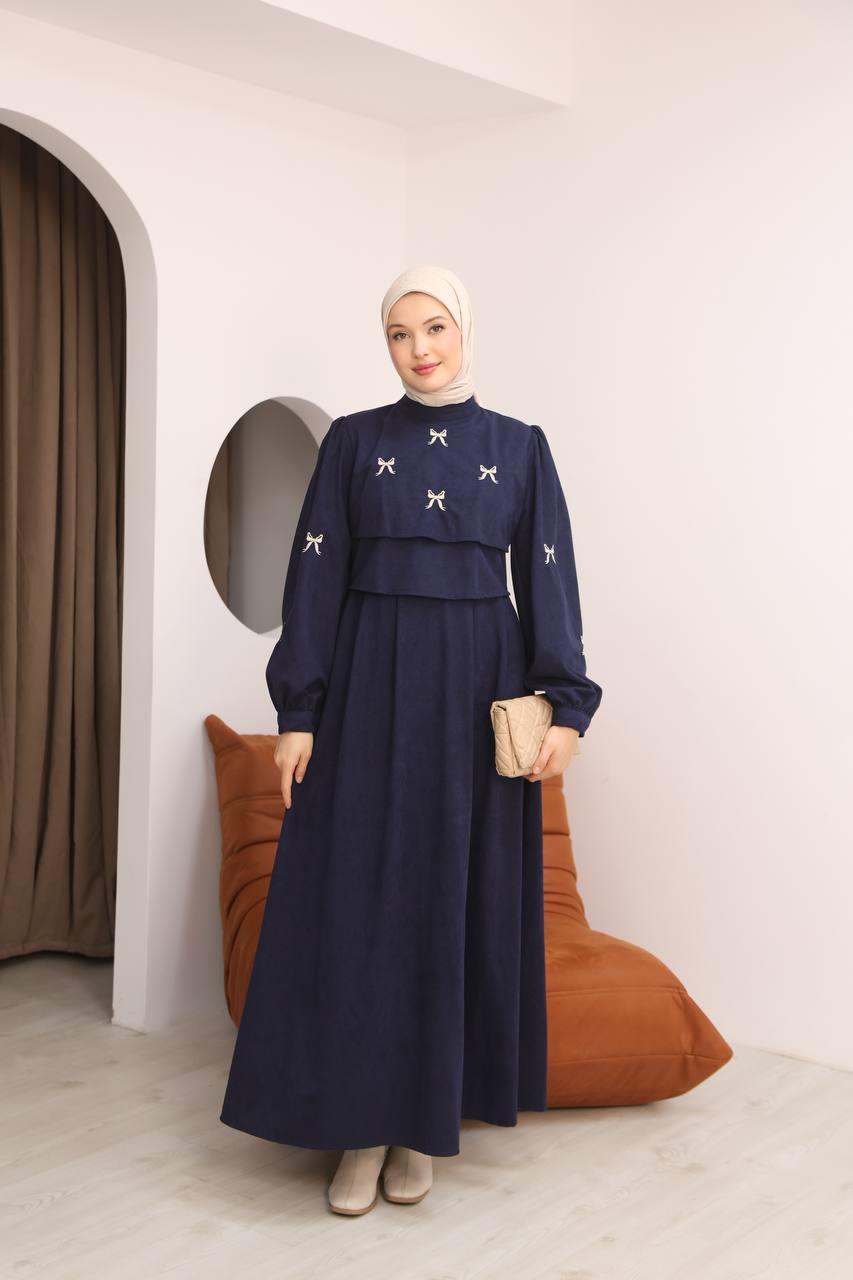 7082 Fiyonk İşlemeli Elbise - Lacivert