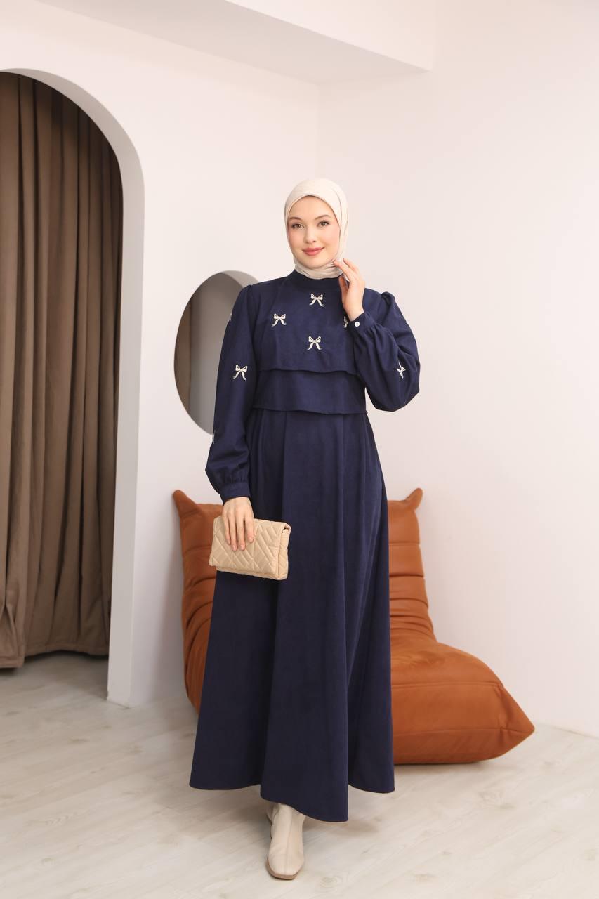 7082 Fiyonk İşlemeli Elbise - Lacivert