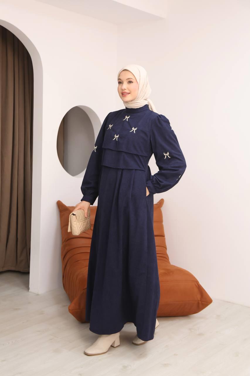 7082 Fiyonk İşlemeli Elbise - Lacivert