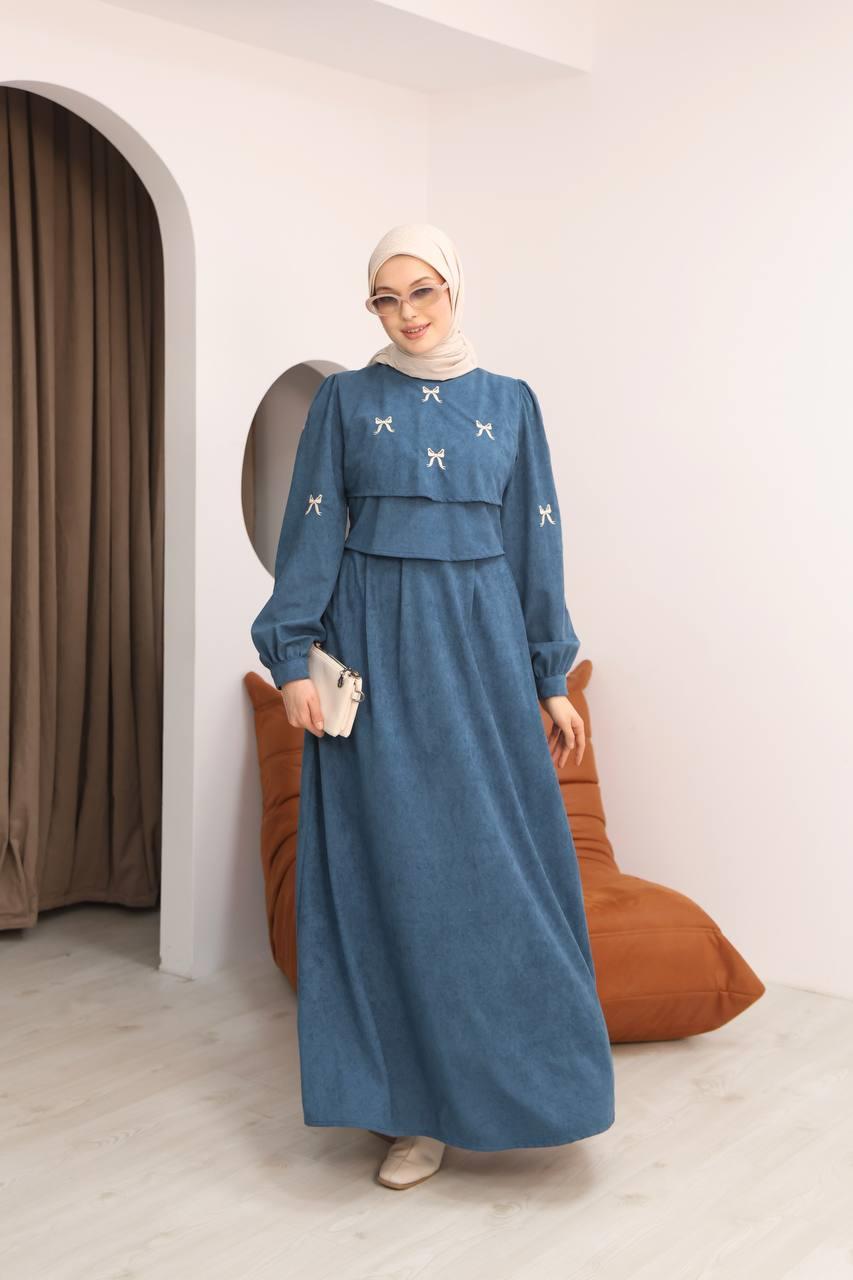 7082 Fiyonk İşlemeli Elbise - Petrol