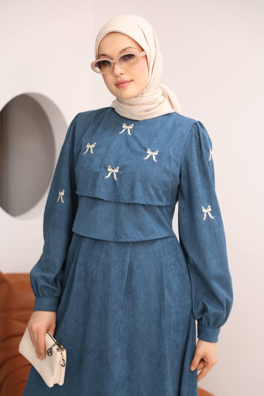 7082 Fiyonk İşlemeli Elbise - Petrol