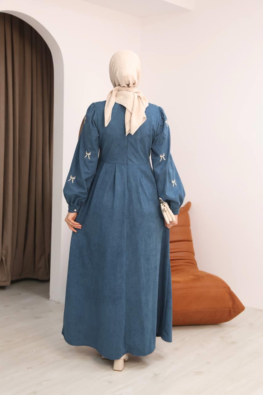 7082 Fiyonk İşlemeli Elbise - Petrol