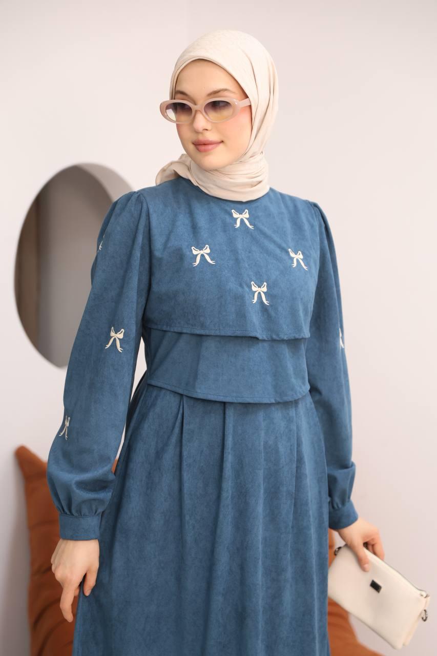 7082 Fiyonk İşlemeli Elbise - Petrol