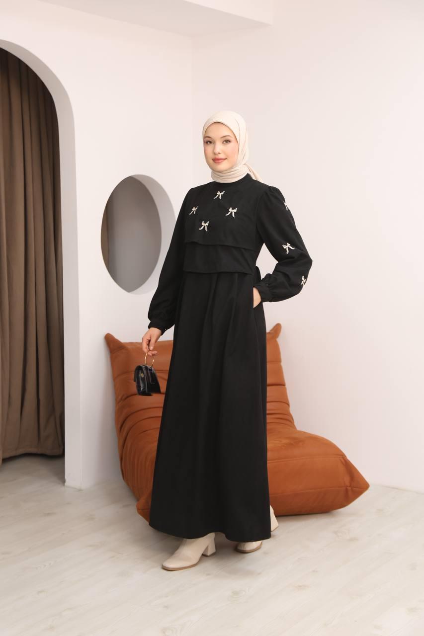 7082 Fiyonk İşlemeli Elbise - Siyah