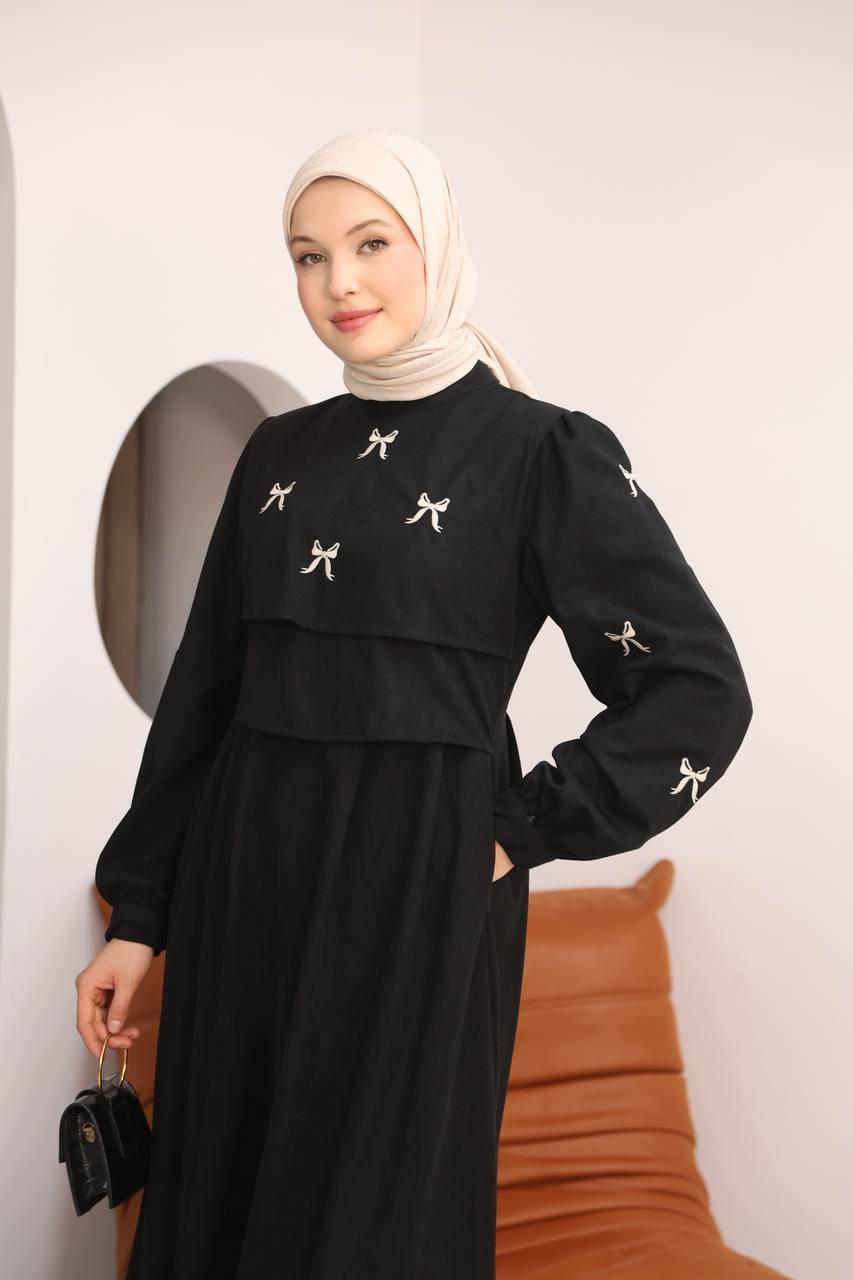 7082 Fiyonk İşlemeli Elbise - Siyah