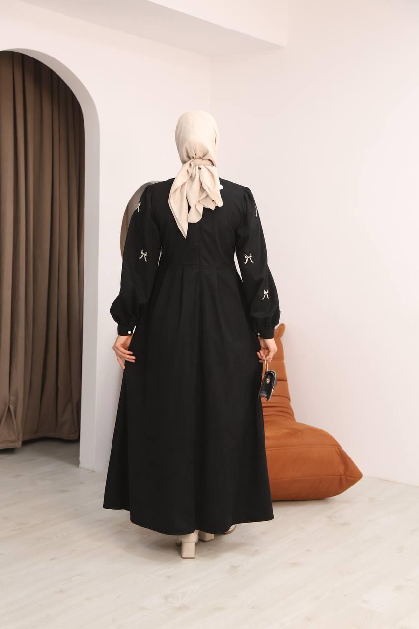 7082 Fiyonk İşlemeli Elbise - Siyah